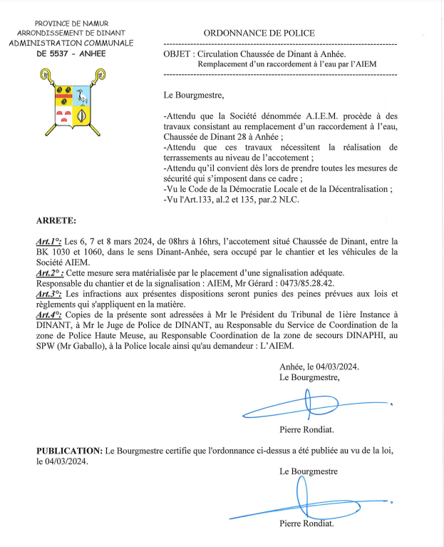 Circulation chaussée de Dinant à Anheé