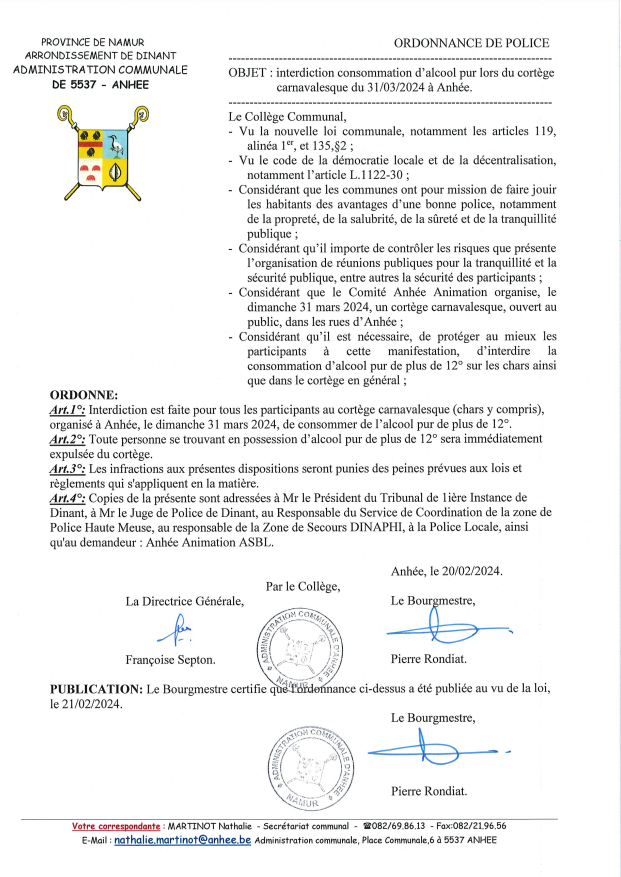 Interdiction consommation alcool   cortège carnaval Anhée